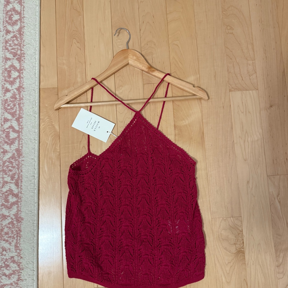 Woven Cable Knit Spaghetti Strap Tank Top - Berry